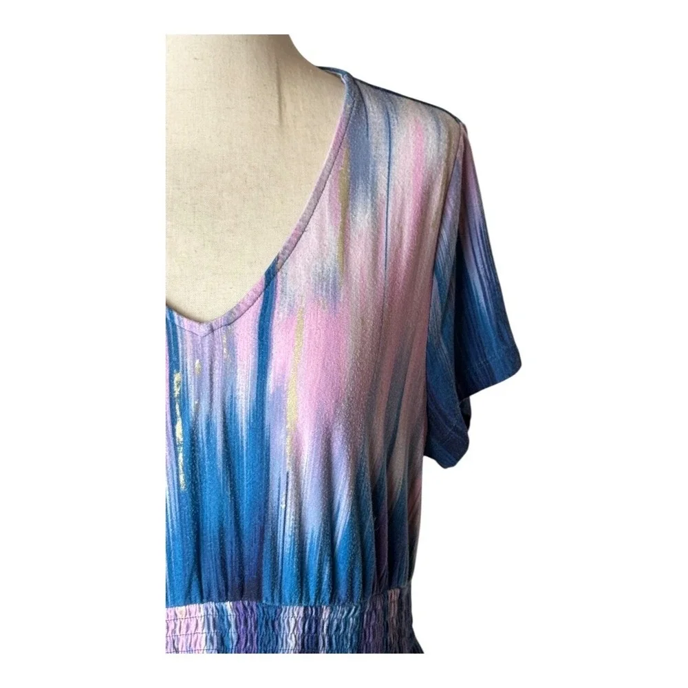 Soma Nightgown Women Medium Blue Pink Tie Dye‎ V Neck Smocked Waist Sleep Shirt